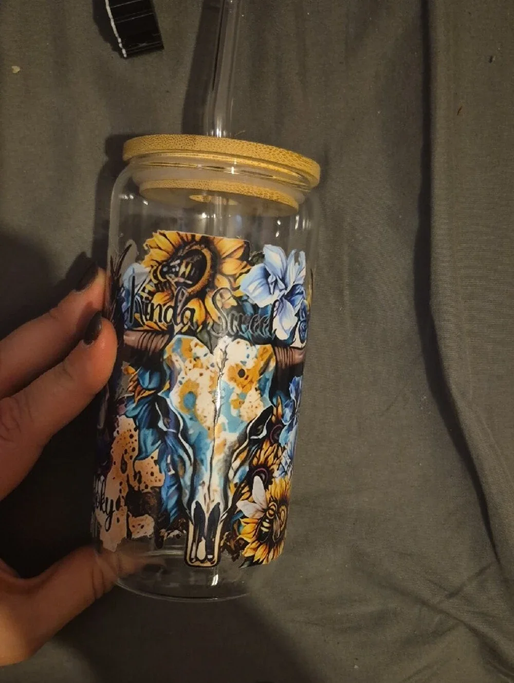 Skull & Floral Glass Tumbler with Ghost Straw Topper